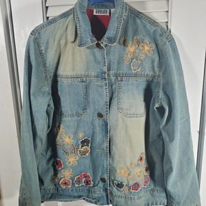 Chico's Design Denim Jacket with Floral Embellishments. Chico Size 1